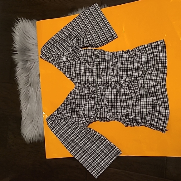 Nwt! Ganni stretch seersucker v-neck ruchedtop ghingham mini check black - Picture 7 of 9